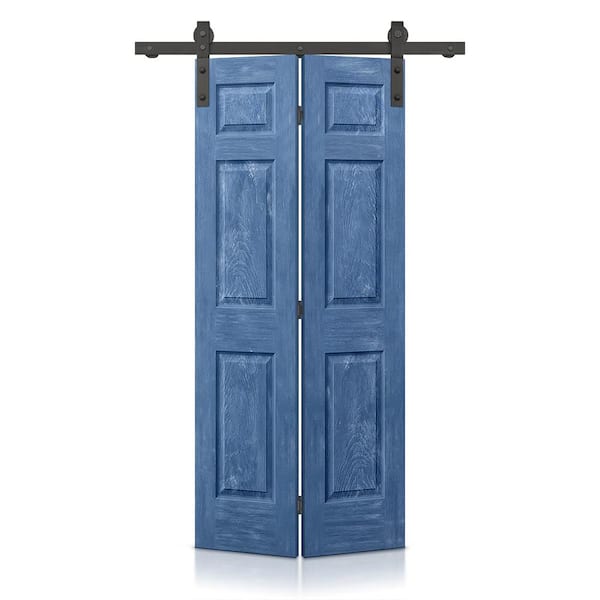 CALHOME 24 in. x 84 in. Vintage Blue Stain 6-Panel MDF Hollow Core Composite Bi-Fold Barn Door with Sliding Hardware Kit