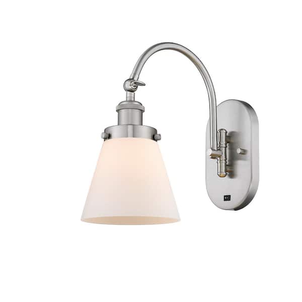 Cone 1-Light Brushed Satin Nickel, Matte White Wall Sconce with White Glass Shade