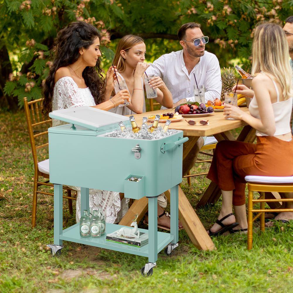 Mint Iron Wheeled Beverage Cooler Cart with Shelf