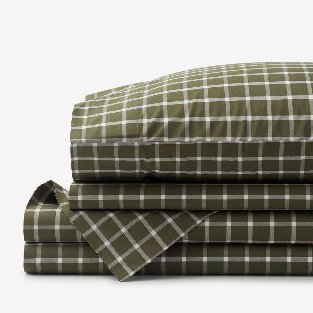 Company Cotton Yarn-Dyed 4-Piece Windowpane Green Cotton Percale Queen Sheet Set price history on PriceWatchPro