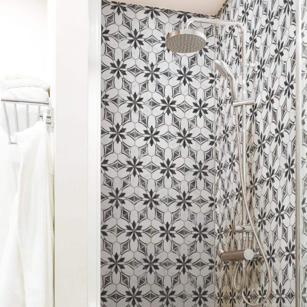 Classico Bardiglio Hex Floral 7" x 8" Porcelain Patterned Tile