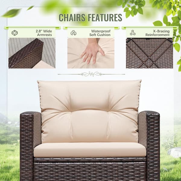 Tozey Brown 3-Piece Wicker Patio Conversation Set with Cream
