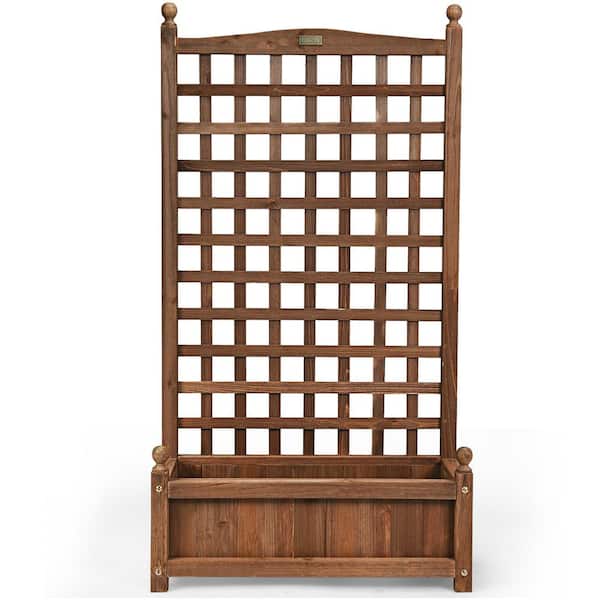 Brown Wood Individual Floor Planter Box, Outdoor Wooden Planter Box With Trellis