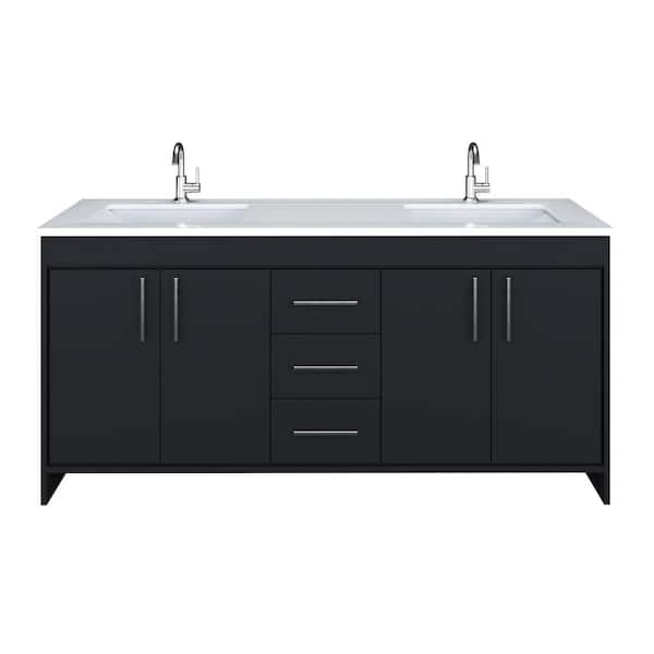 Capri 72 in. W x 22 in. D Bathroom Vanity in Black with Microstone Vanity Top in White with White Basins