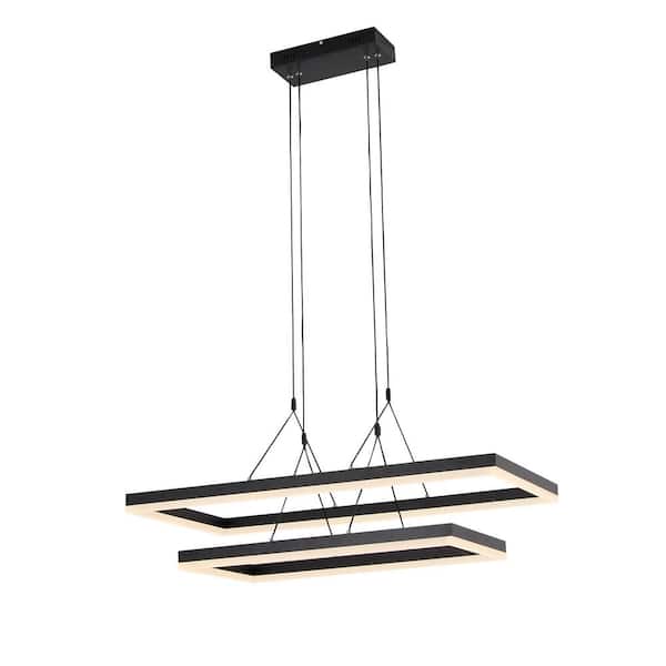 UMEILUCE Modern 60-Watt Integrated LED Black Rectangle Chandelier for Living Room Kitchen Island Dimmable with Remote Control