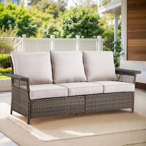 StLouis Brown Wicker Outdoor Couch with Beige Cushions