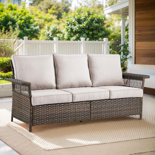 Gymojoy StLouis Brown Wicker Outdoor Couch with Beige Cushions