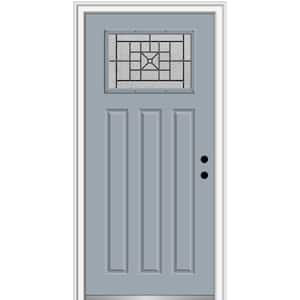 36 in. x 80 in. Courtyard Left-Hand 1-Lite Decorative Craftsman 3-Panel Painted Fiberglass Smooth Prehung Front Door