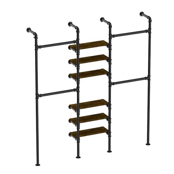 15/16"x 6.7 ft. Metal Industrial Pipe Clothing Rack Wall Mounted with Shelves, Closet Clothes Rack in Black