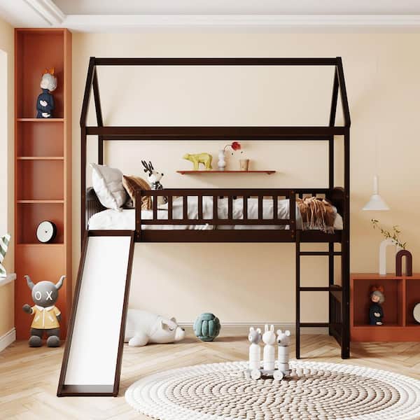 Polibi Twin Loft Bed with Slide, House Bed with Slide, Espresso