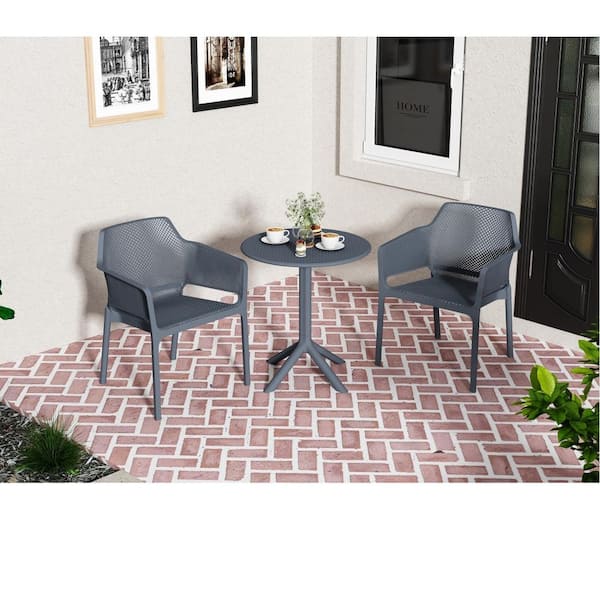 grossag 3-Piece Charcoal Plastic Outdoor Bistro Conversation Set with Round table and Widened Seat