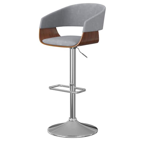 Simpli Home Lowell Mid Century Modern Adjustable Swivel Bar Stool in Stone Grey Vegan Faux Leather