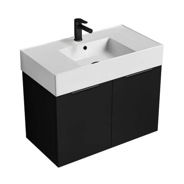 Derin 31.9 in. W x 17.3 in. D x 25.2 in. H Modern Bathroom Vanity in Matte Black With White Ceramic Top