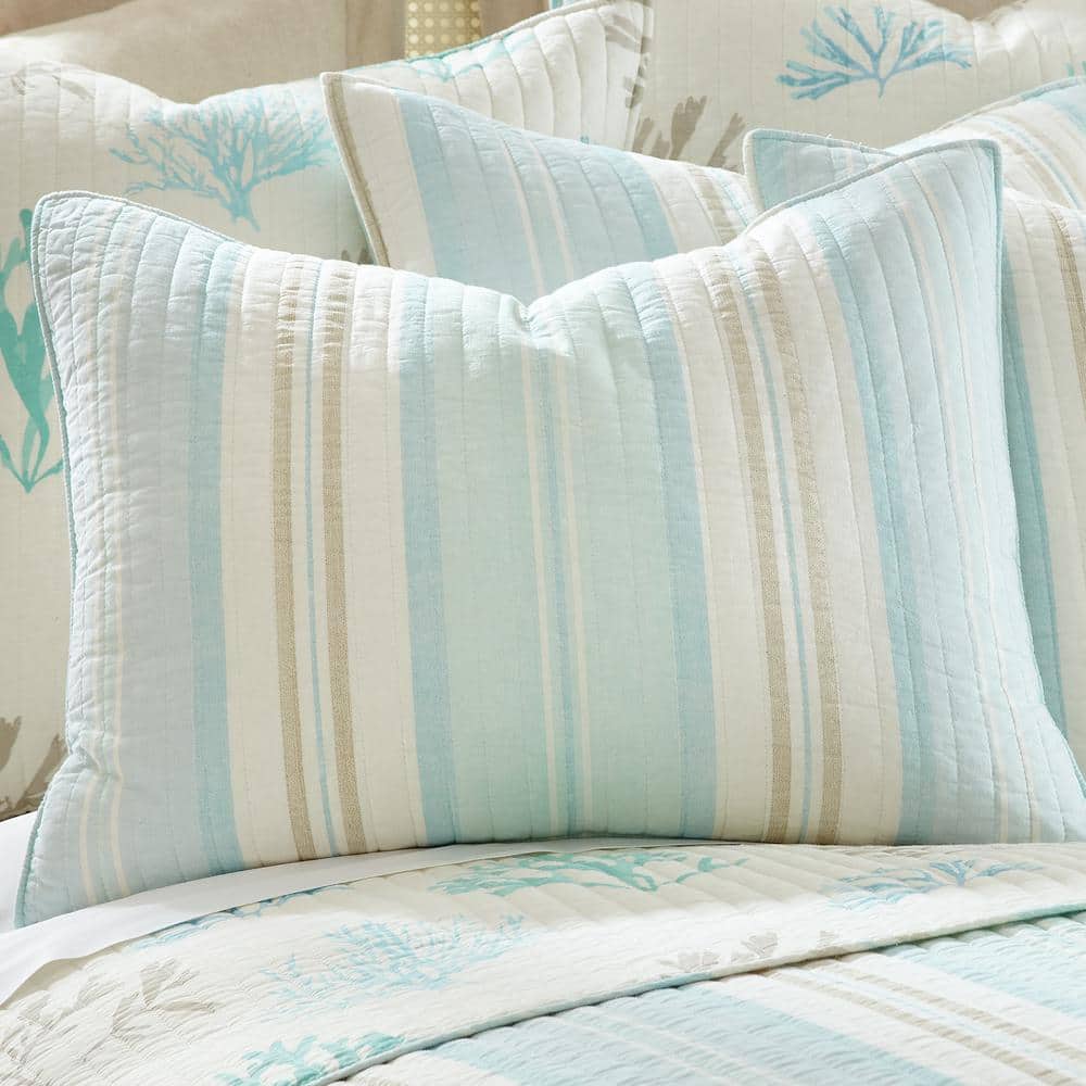 Coastal Breeze Blue and Cream Cotton King Quilt Set, Reversible