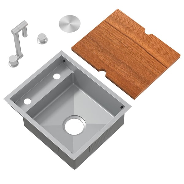 18 in. Undermount Single Bowl 16-Gauge Chrome Stainless Steel Hidden Utility Kitchen Bar Sink with Folding Faucet