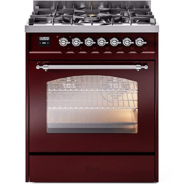 ILVE Nostalgie II 30 in. 5-Burner Freestanding Dual Fuel Range in Burgundy with Chrome Trim