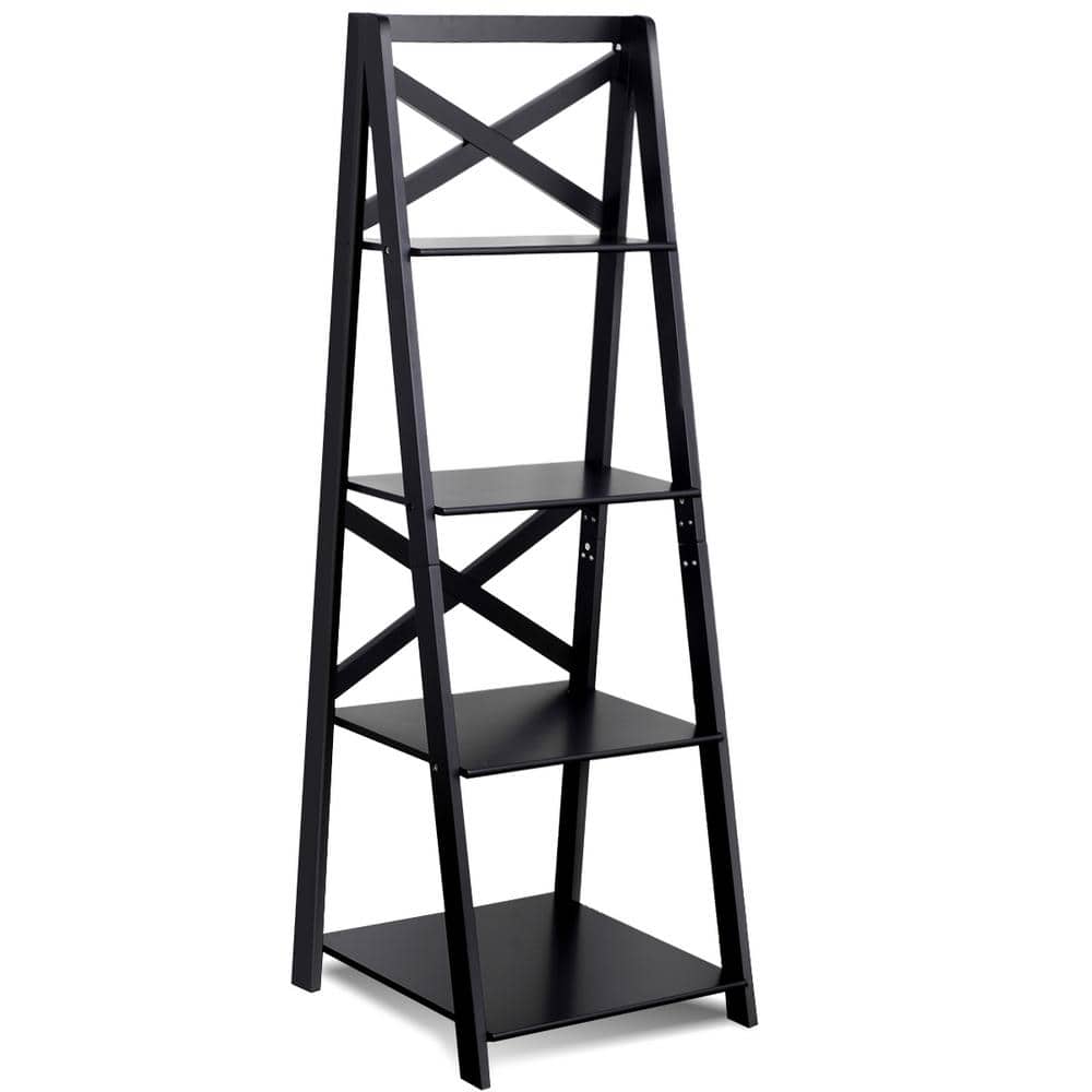Black Solid Wood 56" 4-Tier Ladder Shelf for Kids
