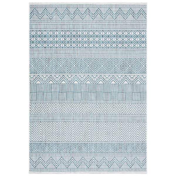 Courtyard Ivory/Turquoise 3 ft. x 5 ft. Striped Tribal Chevron Indoor/Outdoor Area Rug