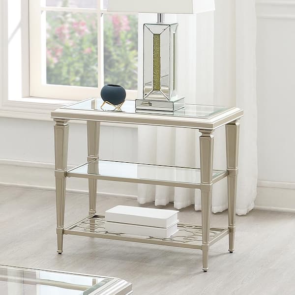 Acme Furniture Zaba 28 in. Glass Top and Silver Finish Rectangle Glass End Table with No Additional Features