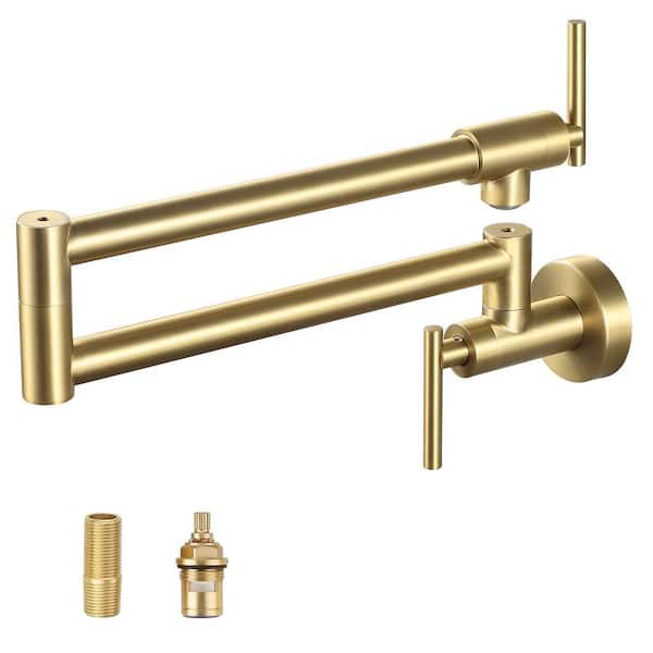 Restaurant Wall Mount Pot Filler Faucet Double Handle in Brushed Gold