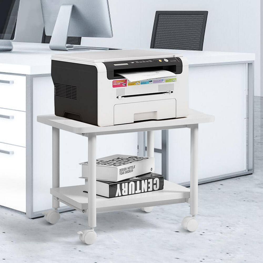 White 2-Tier Rolling Under Desk Printer Cart with Storage Shelves