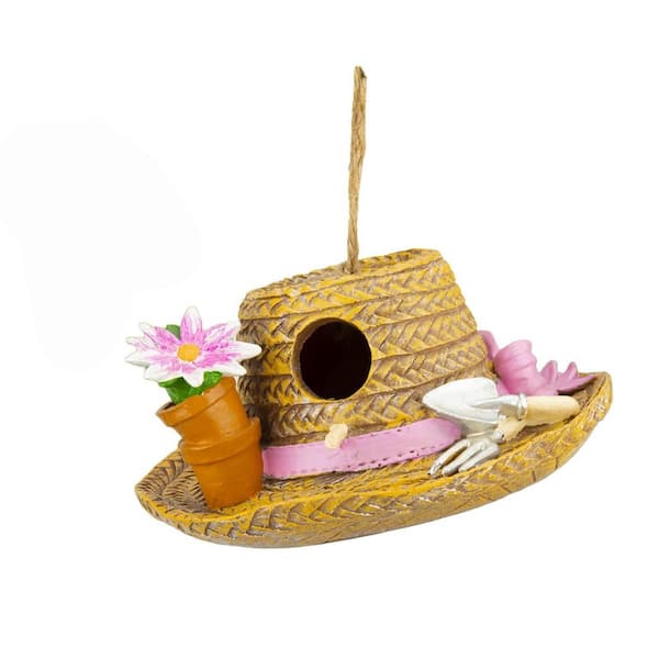 8 x 8 x 3.5 in. Decorative Resin Hanging Straw Hat Birdhouse for Humming Bird Bluebird Wren Nesting