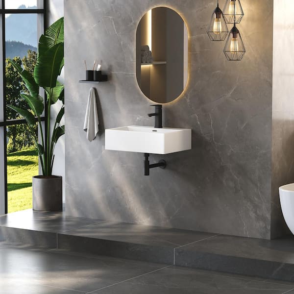 Siena 20 in. W x 15 in. D x 6 in. H Wall Mounted Bathroom Sink w/ Overflow Hole and Faucet Hole in White Vitreous China