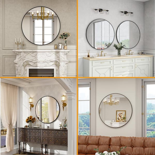 29.9 in. W x 29.9 in. H Round Metal Framed Wall Bathroom Vanity Mirror Black