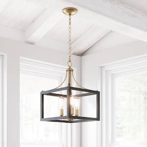 Boswell Quarter 14 in. 3-Light Vintage Brass Farmhouse Square Chandelier with Painted Black Distressed Wood Accents