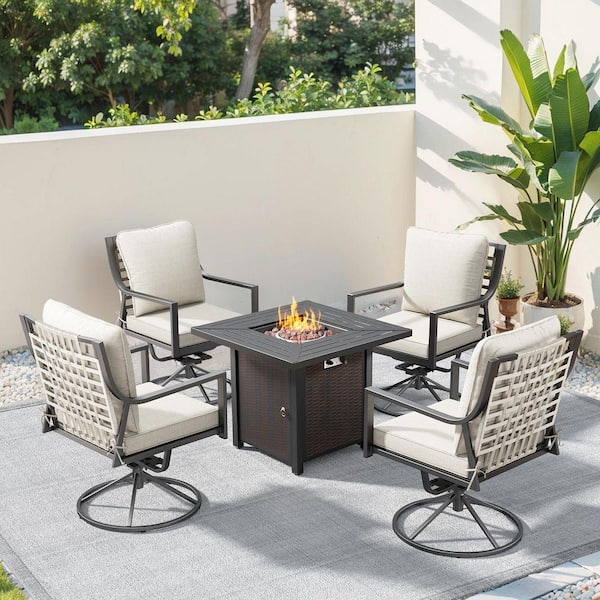 BaliSpin 5-Piece Black Metal Frame Swivel Rocking Chair Outdoor Dining Set with Beige Cushions and Square Fire Pit Table