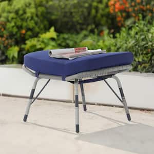 Gray Wicker All Weather Rattan Outdoor Ottoman with Removable Navy Blue Cushions