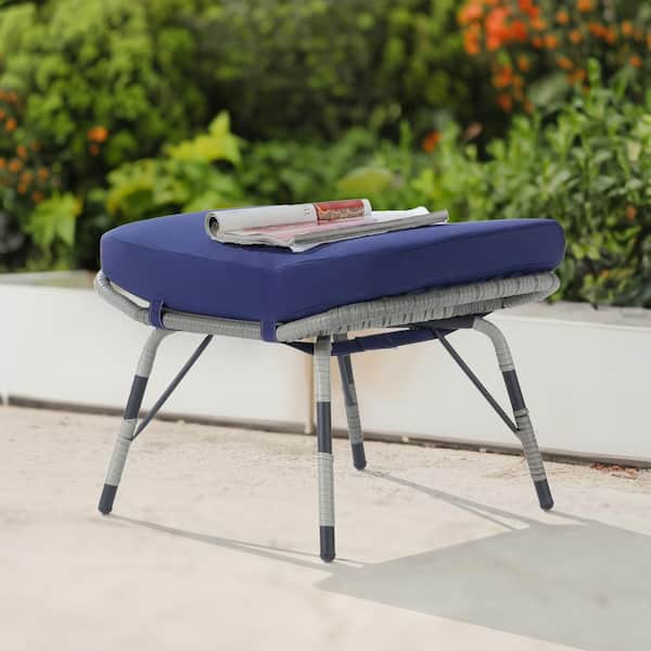 SANSTAR Gray Wicker All Weather Rattan Outdoor Ottoman with Removable Navy Blue Cushions