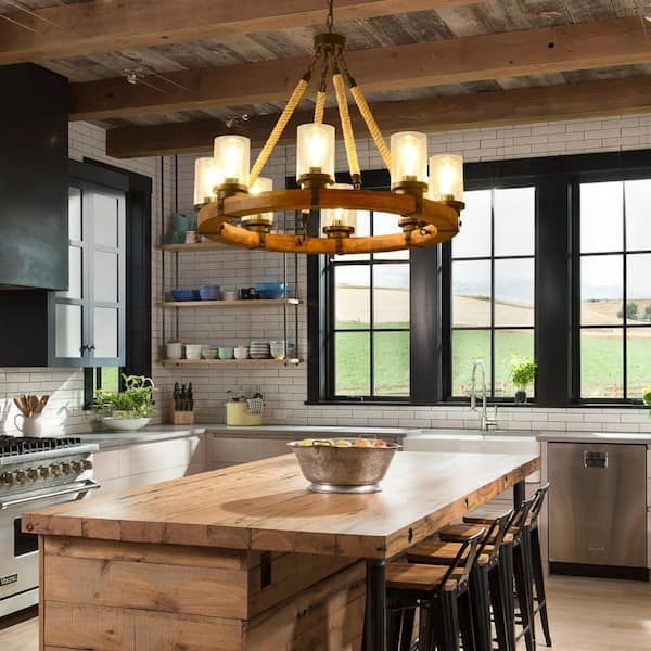 6-Light Farmhouse Wood Rustic Wagon Wheel Chandelier with Glass Shades, Pendant Ceiling Light for Dining Room(No Bulbs)