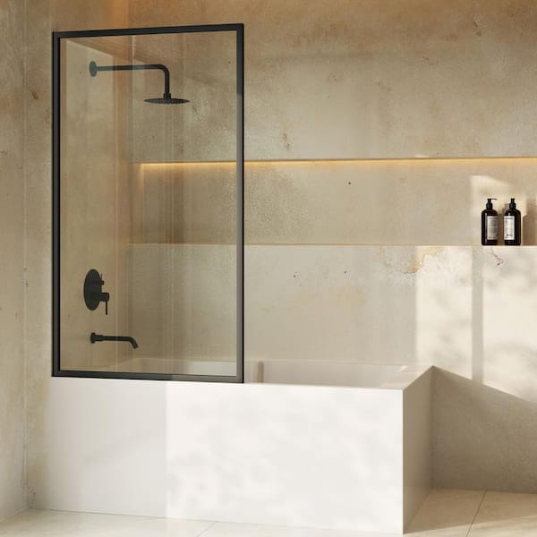 Swiss Madison Pierre 34 in. W x 58 in. H Framed Fixed 3/8 in. 10 mm Clear Tempered Glass Tub Door with Black Matte Frame