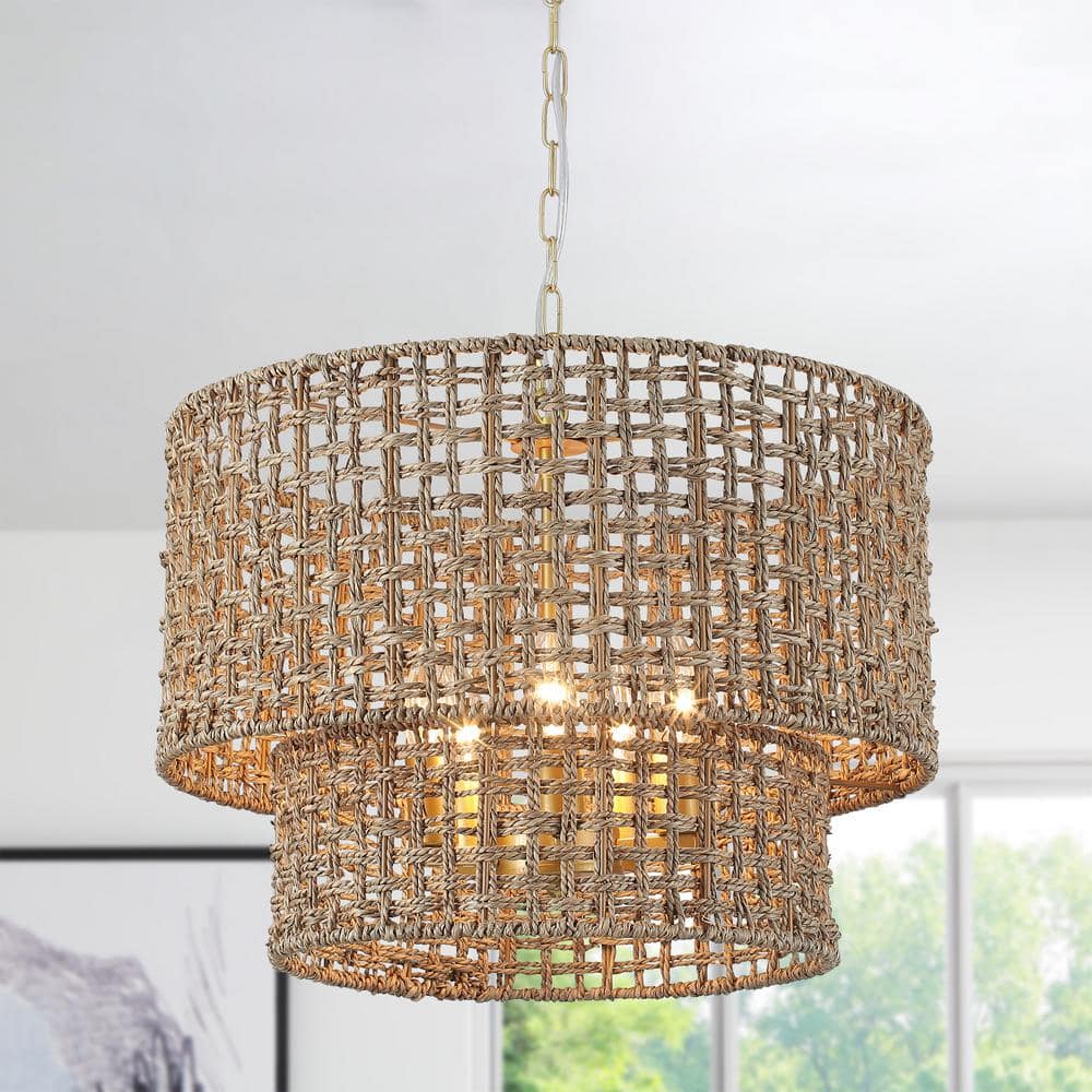 5-Light Drum Gold Hanging Linear Chandelier Lighting Candlestick Light with Rattan Shaded for Kitchen Island price history on PriceWatchPro