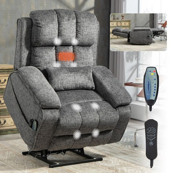 Grey1 Dual OKIN Motor Chenille Power Lift Recliner with Pull-Out Storage, Massage and Heating