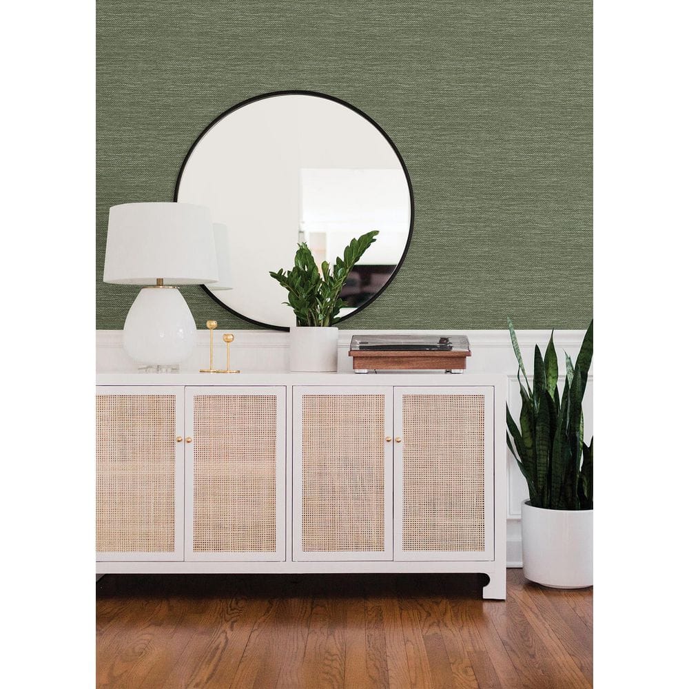 Moss Green Vinyl-Coated Faux Grasscloth Wallpaper Roll
