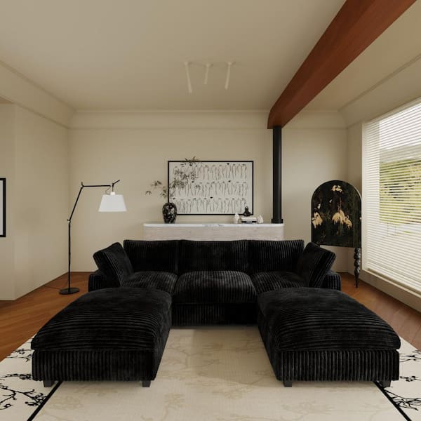 118 in. W Square Arm 5-piece Faux Rabbit-Hair Plush Velvet Modular Sectional Sofa With Removable Covers in. Black