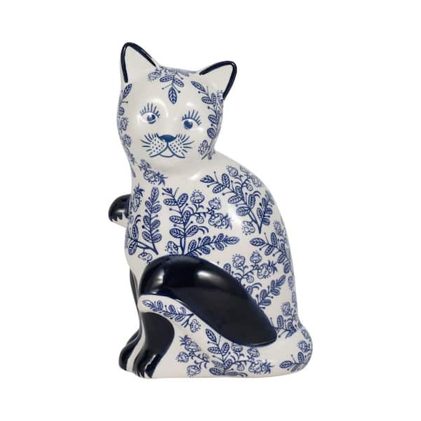 Liv & Skye Blue 5 in. x 8 in. Stoneware Novelty Sitting Chinoiserie Cat Figurine