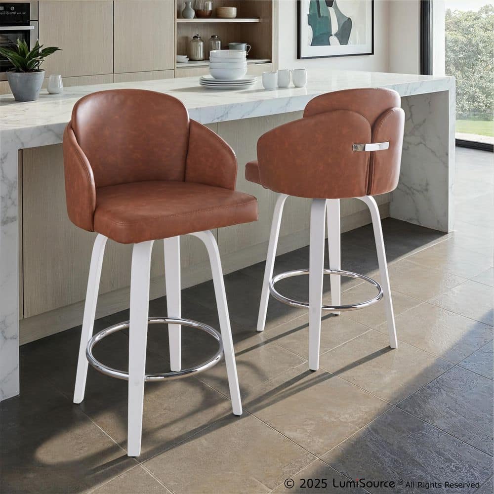 Dahlia 37.25 in. Camel Faux Leather, White Wood, and Chrome Fixed-Height Counter Stool with Round Footrest (Set of 2) price history on PriceWatchPro