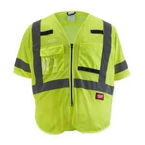 Large/X-Large Yellow Class 3 Mesh High Visibility Safety Vest with 9-Pockets and Sleeves