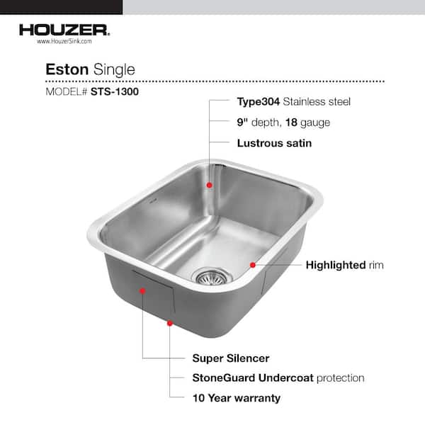 Houzer STS-1300-1 Eston Series Undermount Stainless Steel Single Bowl Kitchen Sink, 18 Gauge Houzer STS-1300-1 Eston Series Undermount Stainless Steel Single Bowl Kitchen Sink, 18 Gauge