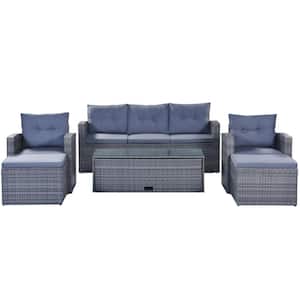 6-Piece Gray Wicker Patio Conversation Set with Removable Gray Cushions, CoffeeTable
