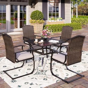 Black 5-Piece Metal Patio Outdoor Dining Set with Slat Square Table and Rattan Chairs with Beige Cushion