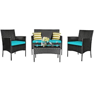 4-Piece Rattan Patio Outdoor Conversation Furniture Set with Turquoise Cushion