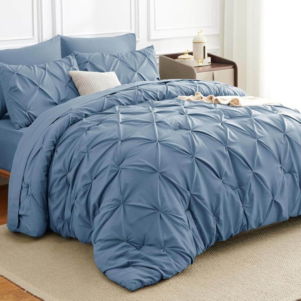7-Piece King Pintuck Comforter Set - Grayish Blue Bed in a Bag