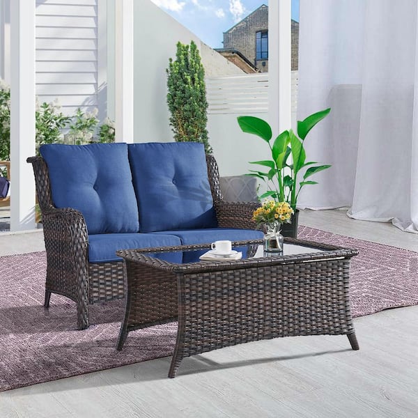 Opohoro ArcoBay 2-Piece Brown Wicker Outdoor Loveseats Patio Conversation Set with Blue Cushions and Coffee Table