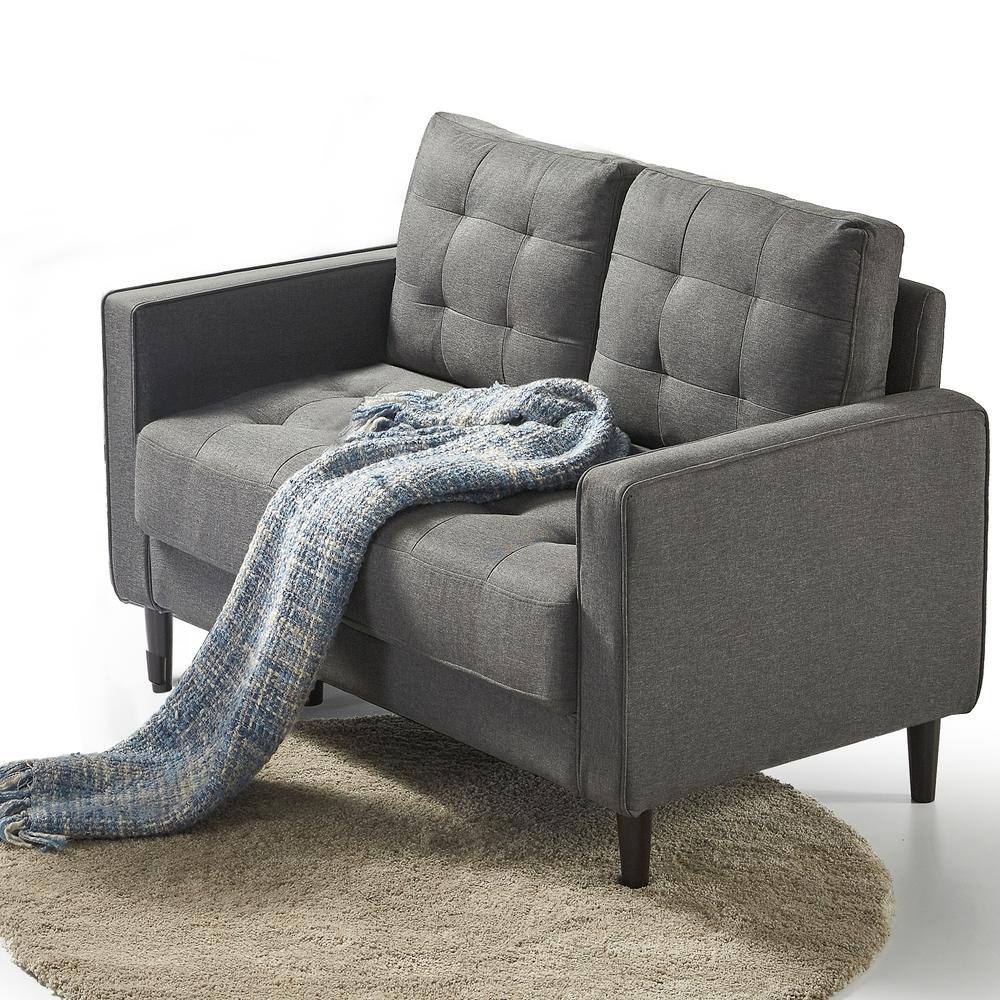 Dark Grey Tufted Fabric Loveseat with Track Arms and Metal Legs