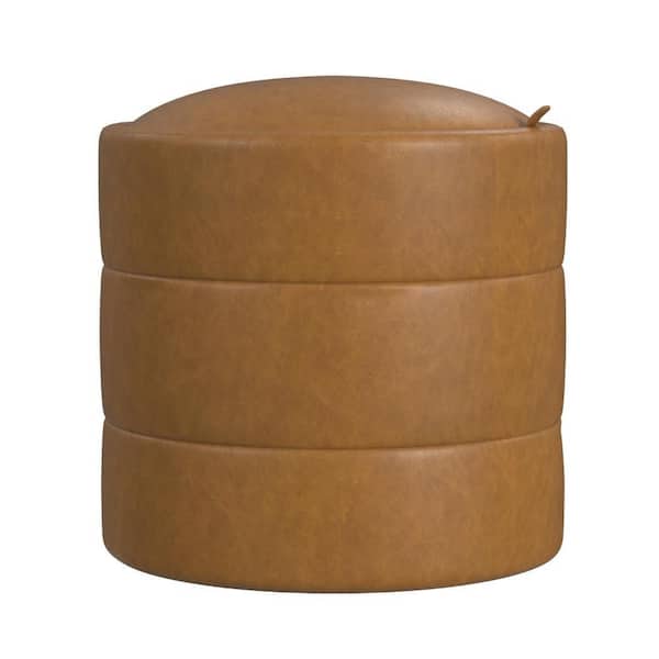 Benjara Pero Caramel Brown Faux Leather Round Storage Ottoman