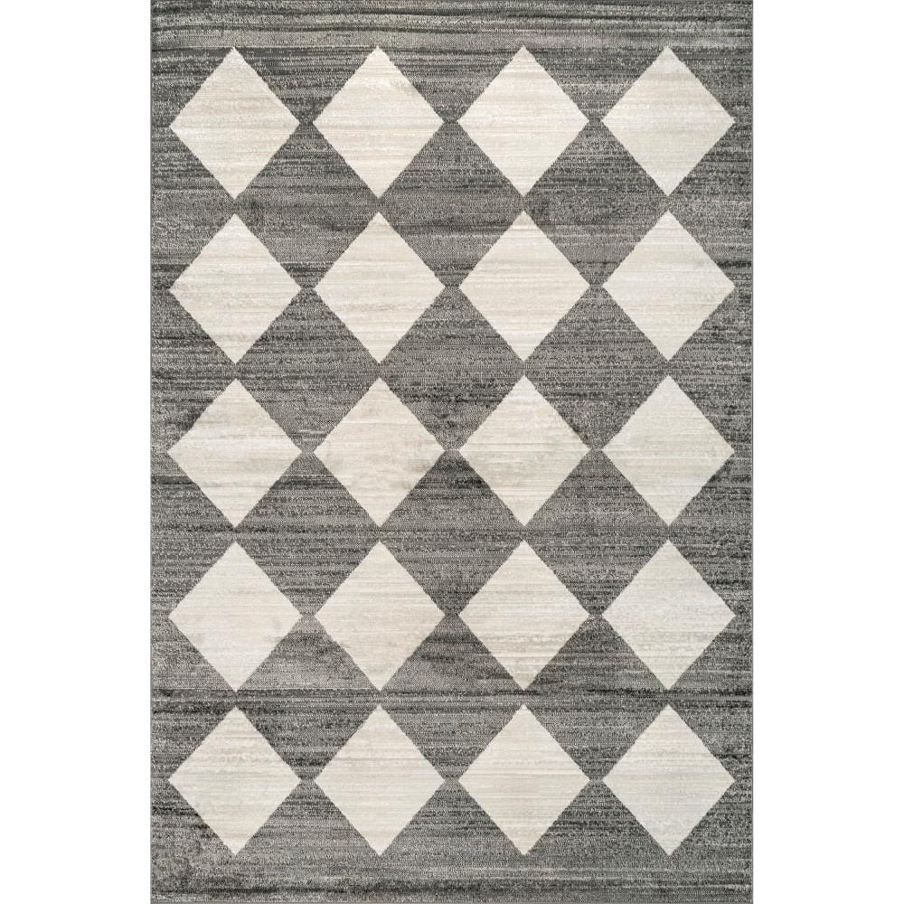 Gray and White Geometric Checker Tile 5' Area Rug
